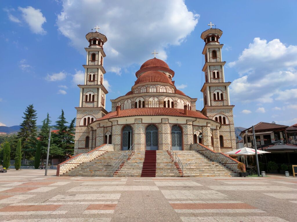 The front of an orthodox cathedral in Korcha located in southeast Albania 