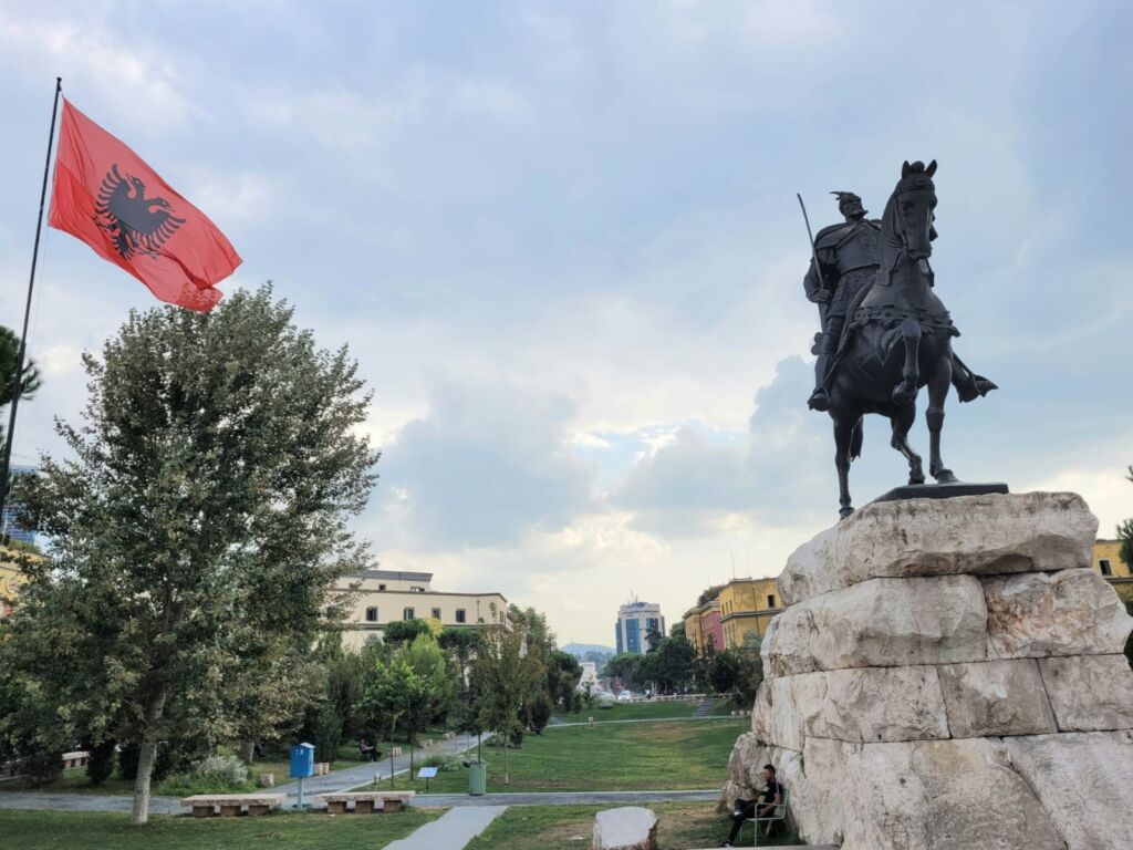 Skanderberg statue in a  Square in Tirana's City Center