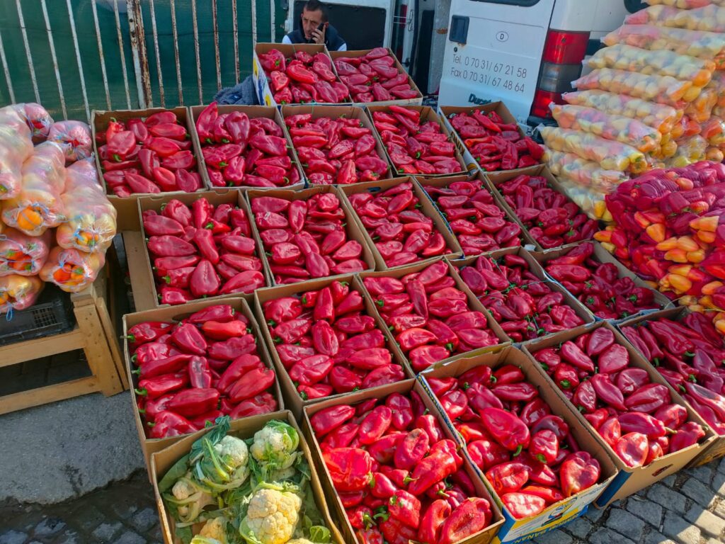 Fresh variety of peppers in Pristina's market 